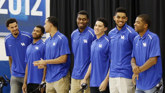 Kentucky's seven leading scorers from the 2014-15 season declared for the NBA Draft yesterday (L-R: Willie Cauley-Stein, Andrew Harrison, Trey Lyles, Dakari Johnson, Devon Booker, Karl-Anthony Towns, Aaron Harrison)