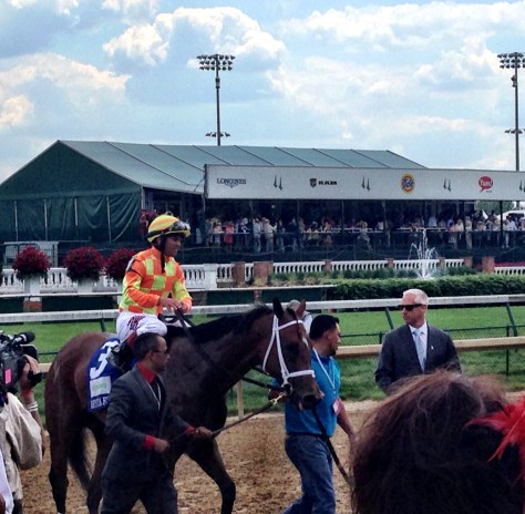 Javier Castellano aboard Dame Dorothy following her victory in the Humana Distaff at Churchill Downs (John Cox photo)