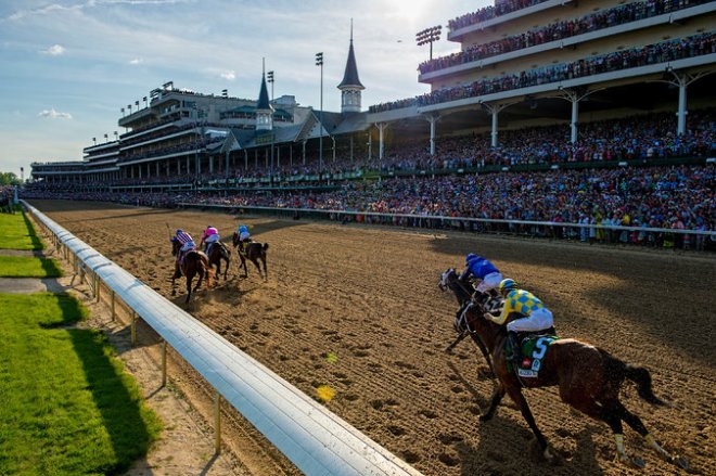 American Pharoah, Firing Line and Dortmund separated themselves from the field down the home stretch at the Kentucky Derby (Credit Andrew Hancock for The New York Times).