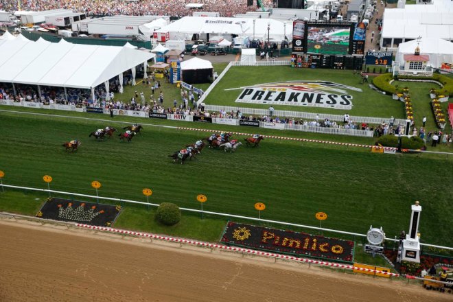 May 17, 2014; Baltimore, MD, USA; An overall view of the track during the sixth race of the day before the 139th Preakness Stakesat Pimlico Race Course. Mandatory Credit: Winslow Townson-USA TODAY Sports