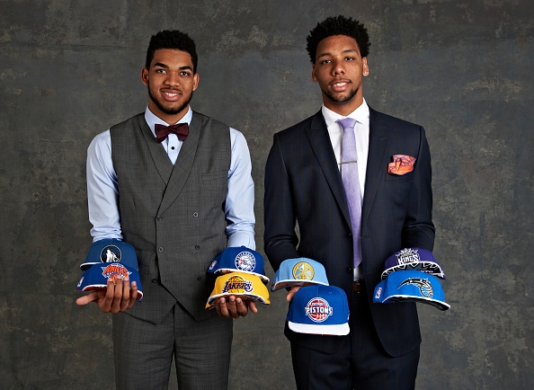 Kentucky's Karl Anthony-Towns and Duke's Jalil Okafor posing prior to the 2015 NBA Draft Lottery drawing