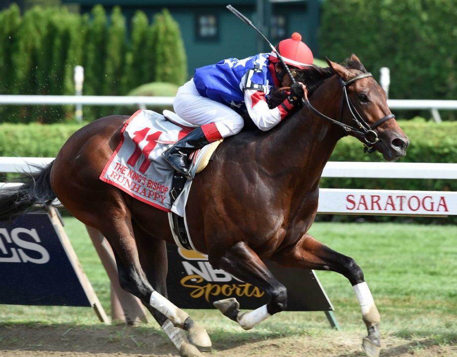 Runhappy winning the King’s Bishop (G1) at Saratoga on Aug. 29 (Skip Dickstien photo)